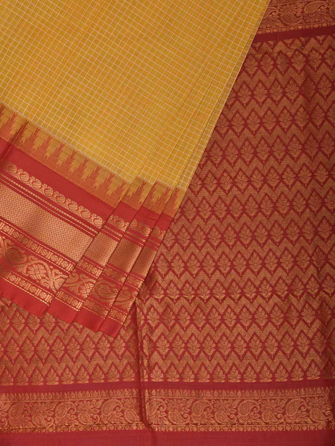 Yellow and Red Gadwal Body Cotton Viscose Pallu Saree with Checks and Border-Pallu Design No Blouse g0638
