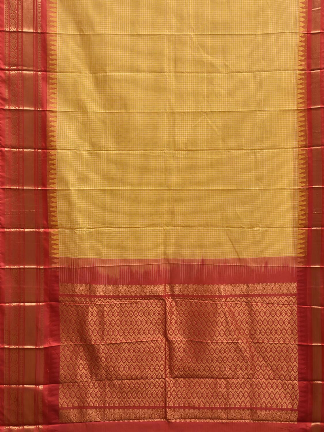 Yellow and Red Gadwal Body Cotton Viscose Pallu Saree with Checks and Border-Pallu Design No Blouse g0638