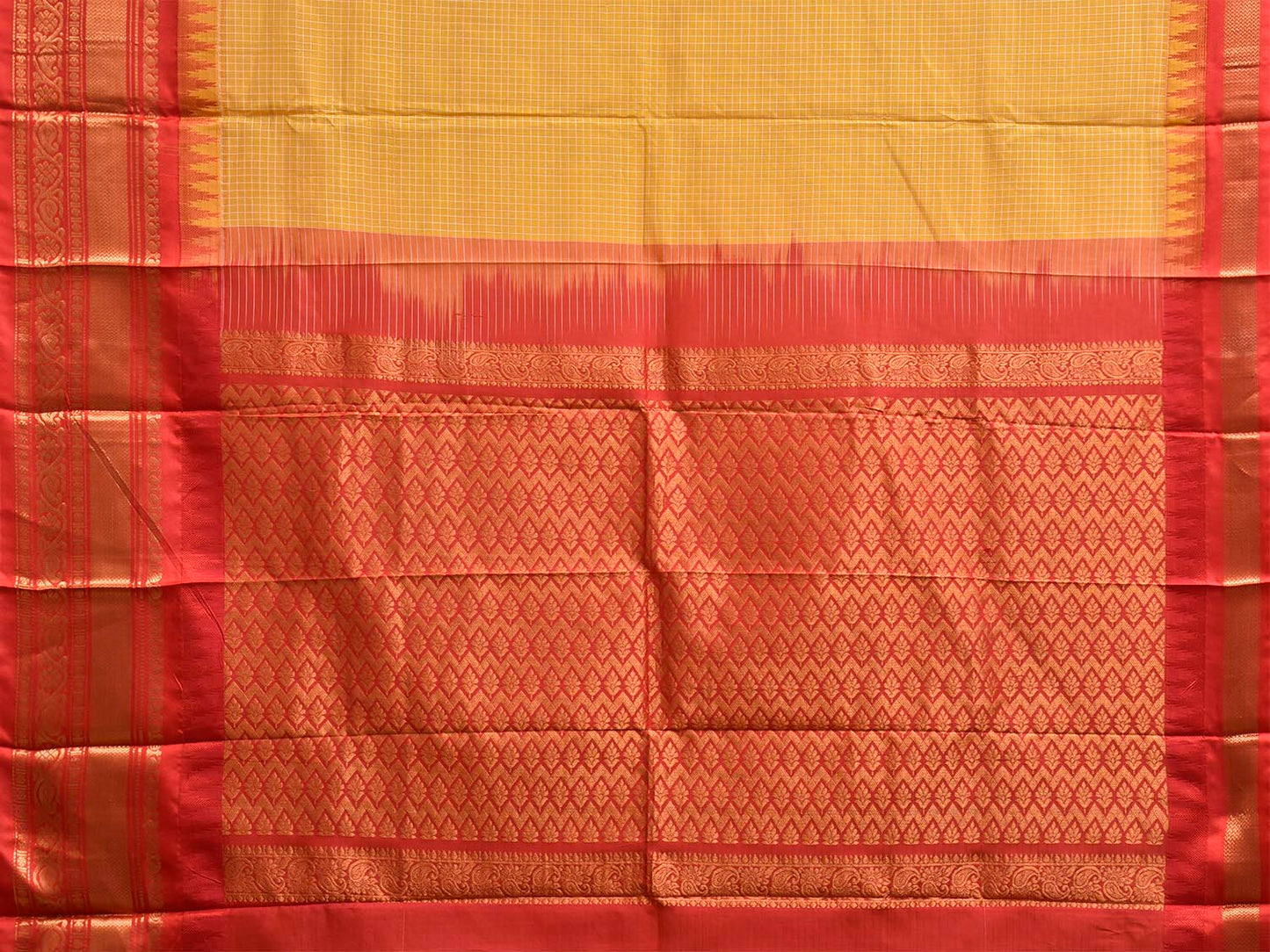 Yellow and Red Gadwal Body Cotton Viscose Pallu Saree with Checks and Border-Pallu Design No Blouse g0638
