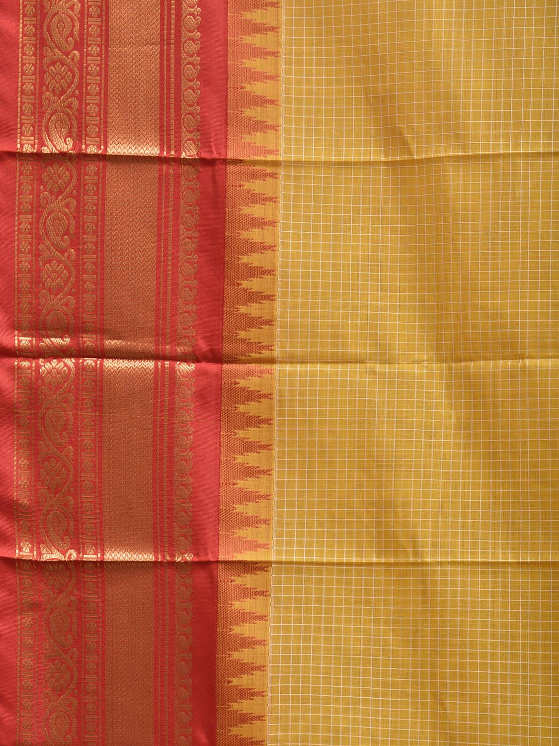 Yellow and Red Gadwal Body Cotton Viscose Pallu Saree with Checks and Border-Pallu Design No Blouse g0638