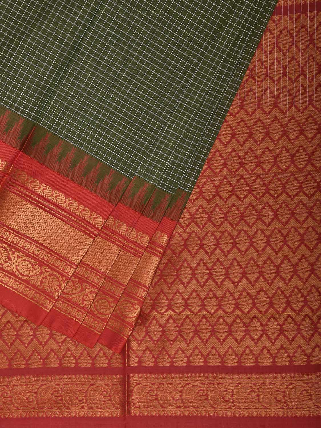 Green and Red Gadwal Body Cotton Viscose Pallu Saree with Checks and Border-Pallu Design No Blouse g0639
