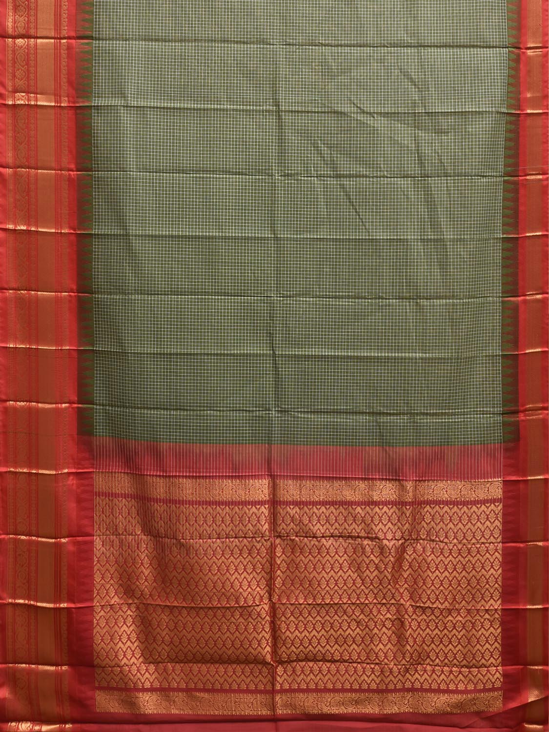 Green and Red Gadwal Body Cotton Viscose Pallu Saree with Checks and Border-Pallu Design No Blouse g0639