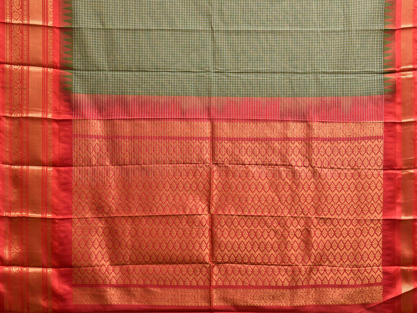 Green and Red Gadwal Body Cotton Viscose Pallu Saree with Checks and Border-Pallu Design No Blouse g0639