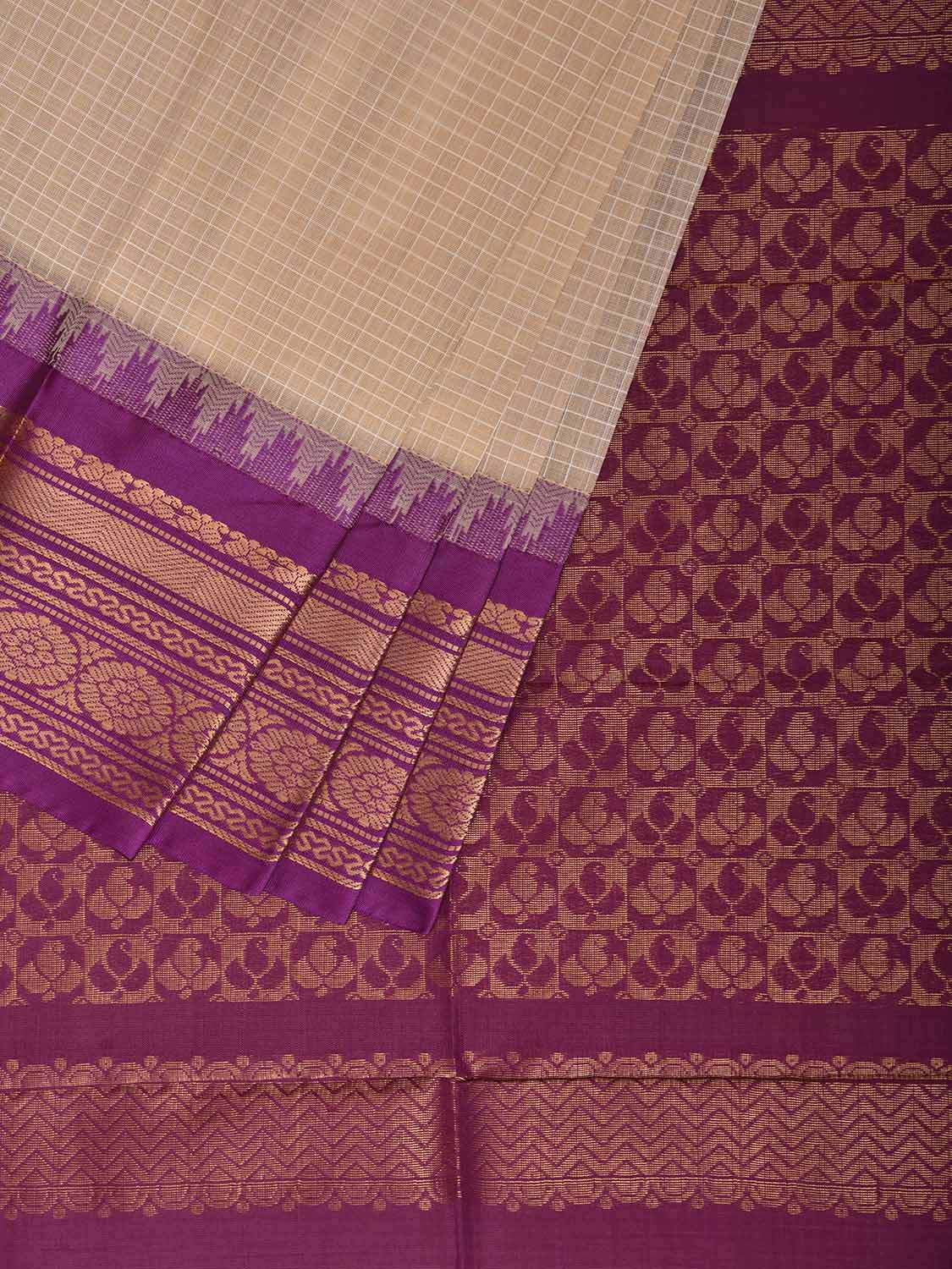 Cream and Purple Gadwal Body Cotton Viscose Pallu Saree with Checks and Border-Pallu Design No Blouse g0640