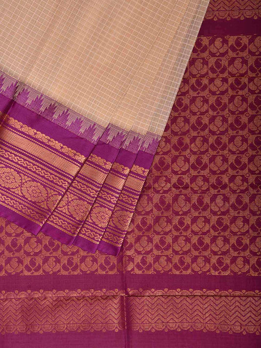 Cream and Purple Gadwal Body Cotton Viscose Pallu Saree with Checks and Border-Pallu Design No Blouse g0640