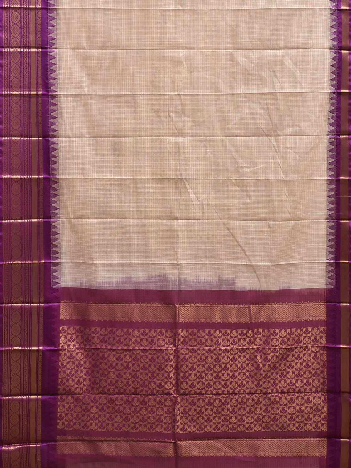 Cream and Purple Gadwal Body Cotton Viscose Pallu Saree with Checks and Border-Pallu Design No Blouse g0640