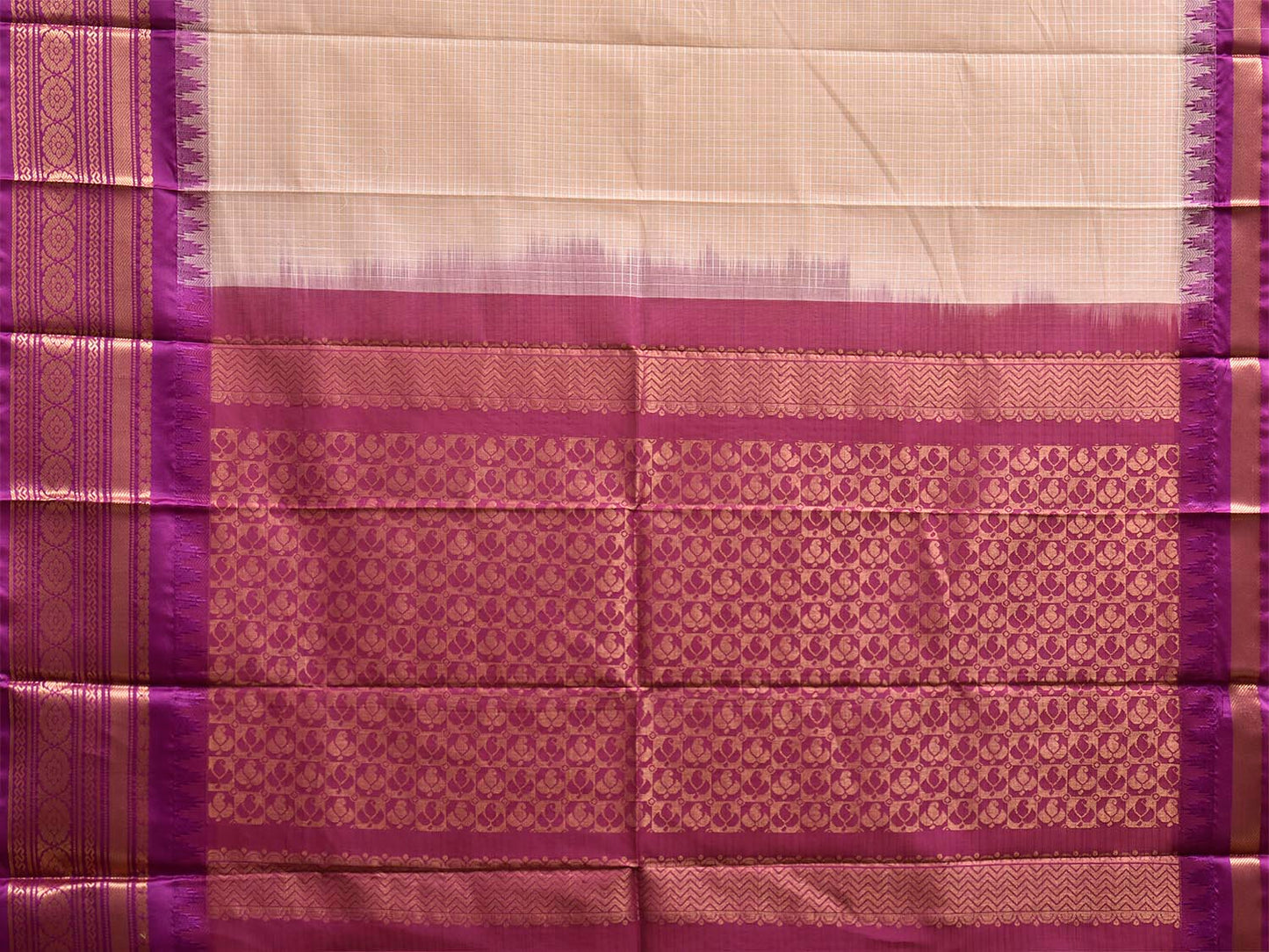 Cream and Purple Gadwal Body Cotton Viscose Pallu Saree with Checks and Border-Pallu Design No Blouse g0640