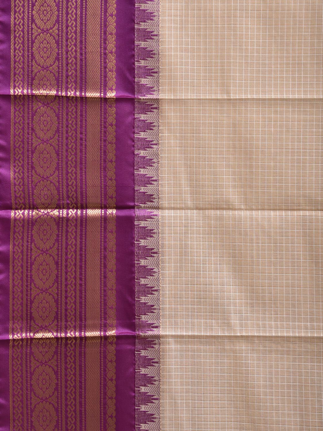 Cream and Purple Gadwal Body Cotton Viscose Pallu Saree with Checks and Border-Pallu Design No Blouse g0640