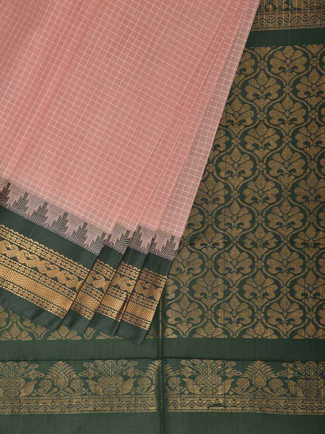 Light Peach and Green Gadwal Body Cotton Viscose Pallu Saree with Checks and Border-Pallu Design No Blouse g0641