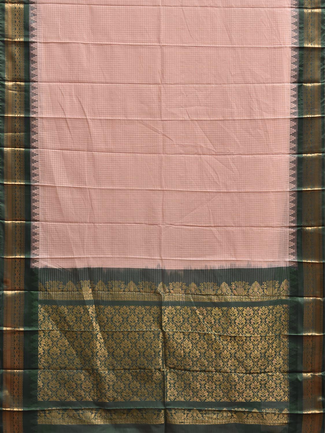 Light Peach and Green Gadwal Body Cotton Viscose Pallu Saree with Checks and Border-Pallu Design No Blouse g0641