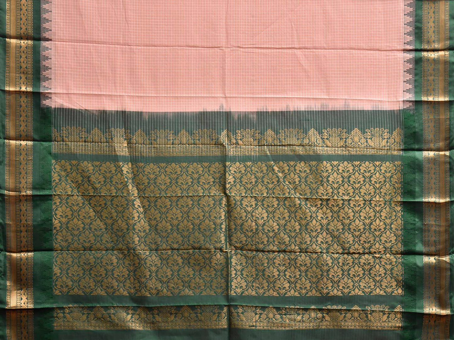 Light Peach and Green Gadwal Body Cotton Viscose Pallu Saree with Checks and Border-Pallu Design No Blouse g0641
