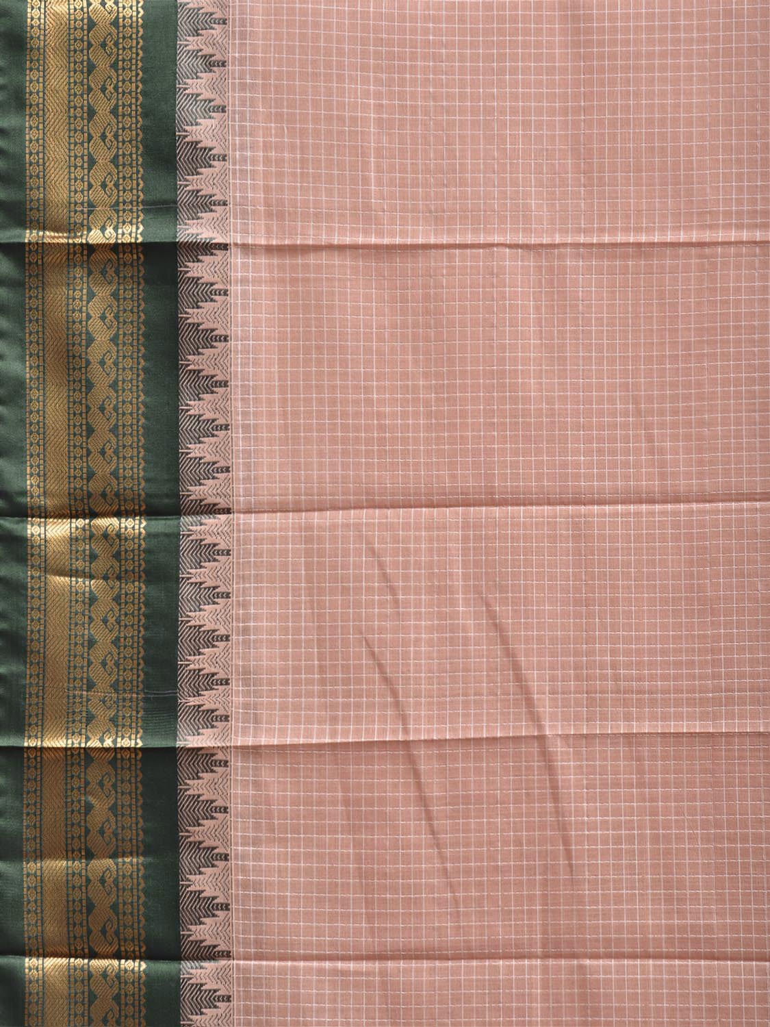 Light Peach and Green Gadwal Body Cotton Viscose Pallu Saree with Checks and Border-Pallu Design No Blouse g0641