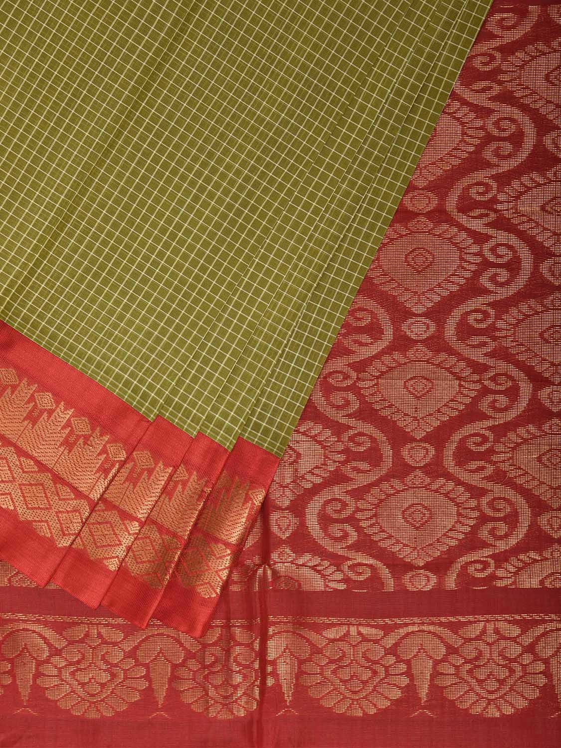 Green and Red Gadwal Body Cotton Viscose Pallu Saree with Checks and Border-Pallu Design No Blouse g0642