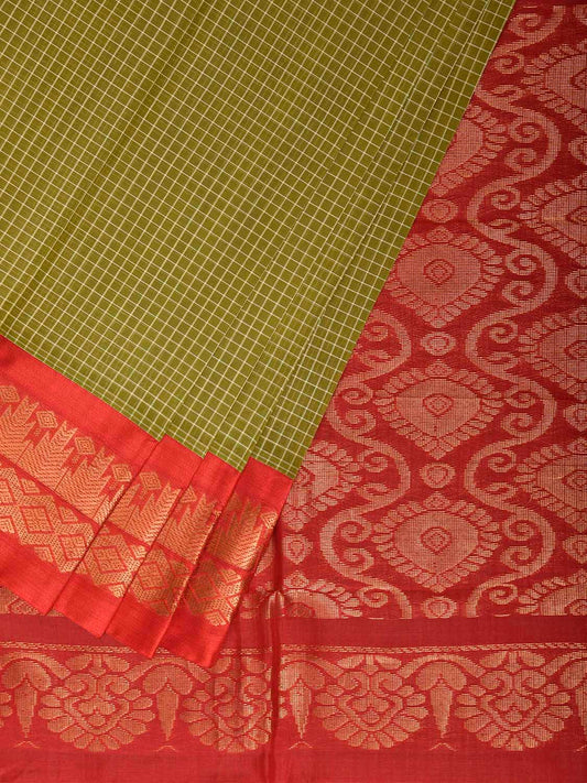 Green and Red Gadwal Body Cotton Viscose Pallu Saree with Checks and Border-Pallu Design No Blouse g0642