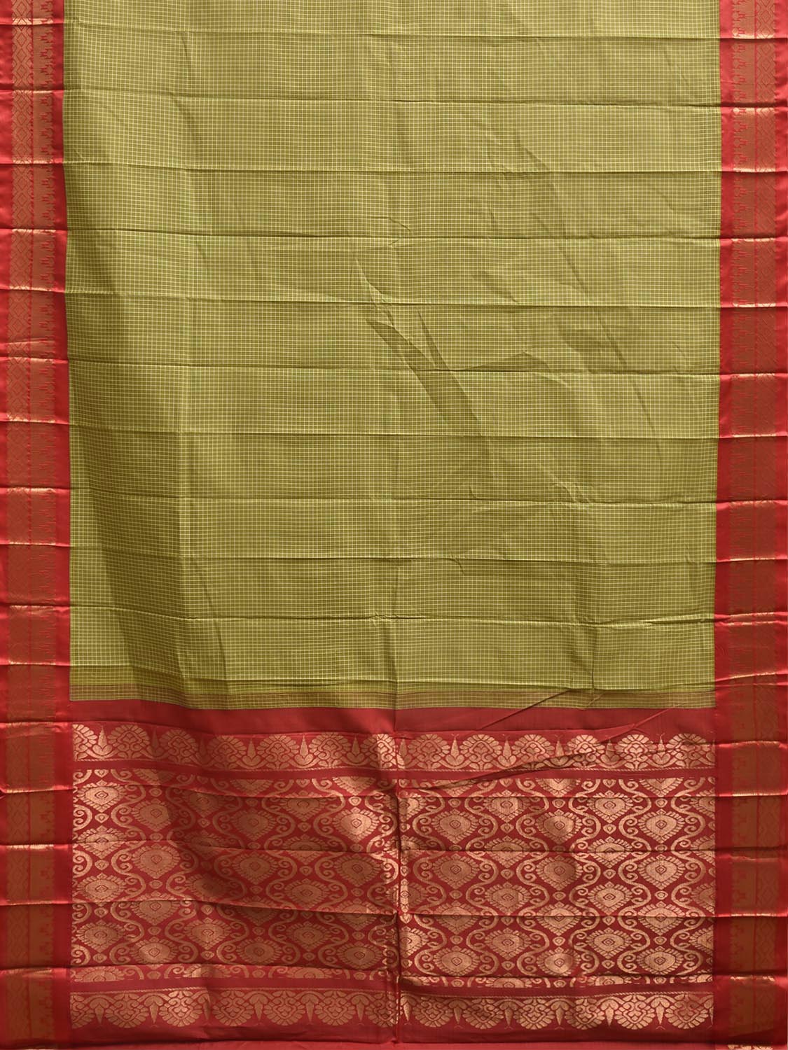 Green and Red Gadwal Body Cotton Viscose Pallu Saree with Checks and Border-Pallu Design No Blouse g0642