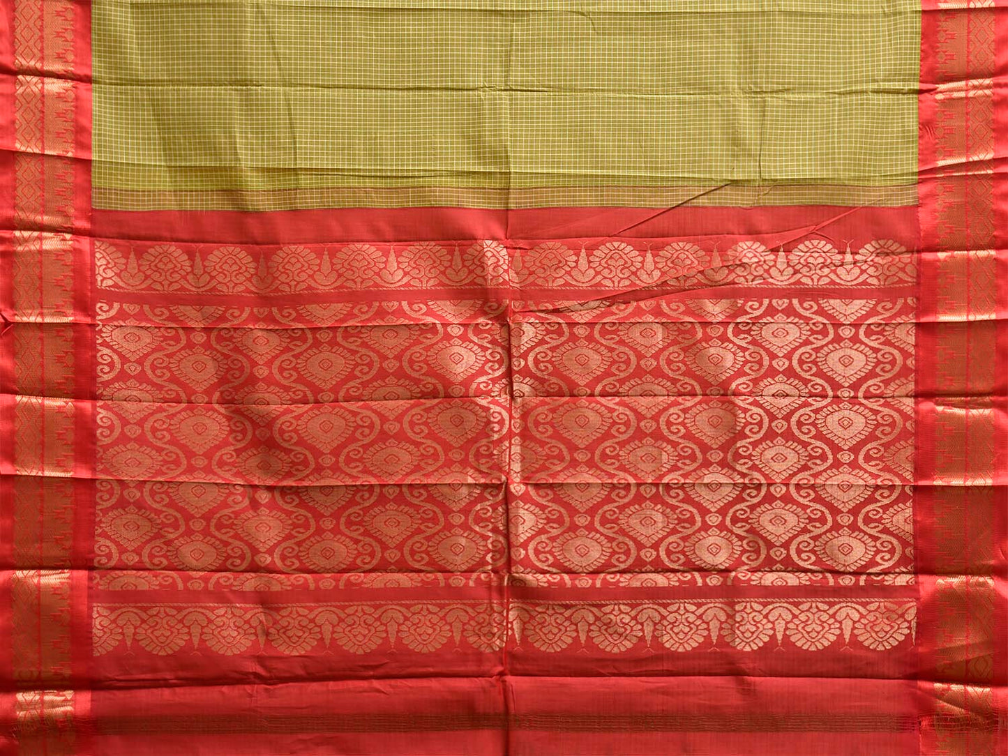Green and Red Gadwal Body Cotton Viscose Pallu Saree with Checks and Border-Pallu Design No Blouse g0642