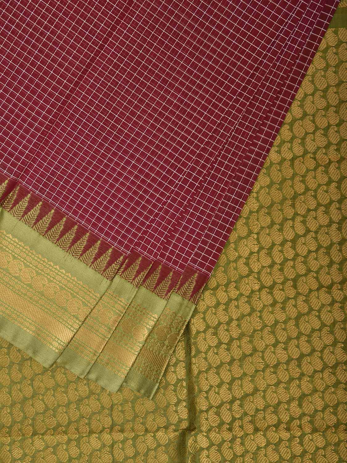 Maroon and Green Gadwal Body Cotton Viscose Pallu Saree with Checks and Border-Pallu Design No Blouse g0643