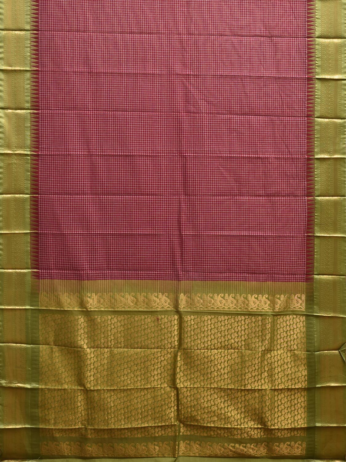 Maroon and Green Gadwal Body Cotton Viscose Pallu Saree with Checks and Border-Pallu Design No Blouse g0643