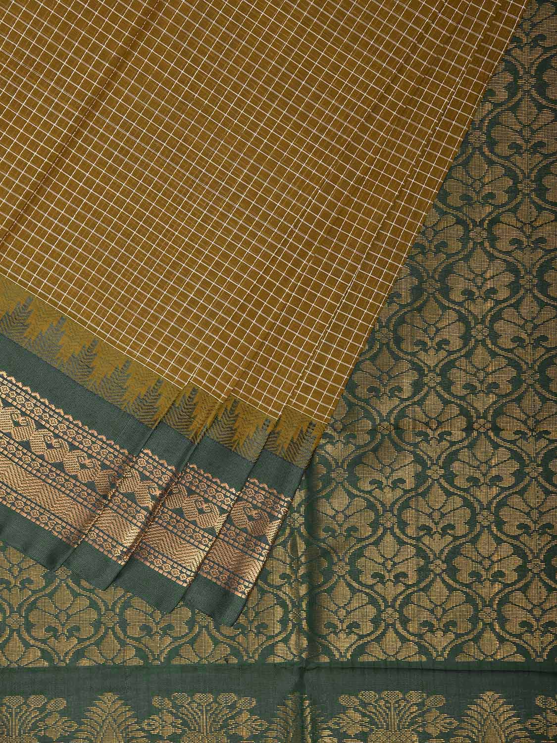 Olive and Green Gadwal Body Cotton Viscose Pallu Saree with Checks and Border-Pallu Design No Blouse g0644