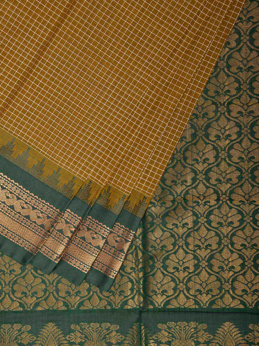 Olive and Green Gadwal Body Cotton Viscose Pallu Saree with Checks and Border-Pallu Design No Blouse g0644