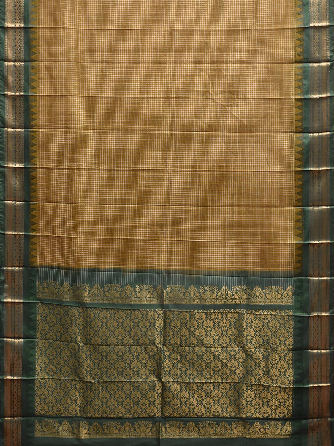 Olive and Green Gadwal Body Cotton Viscose Pallu Saree with Checks and Border-Pallu Design No Blouse g0644