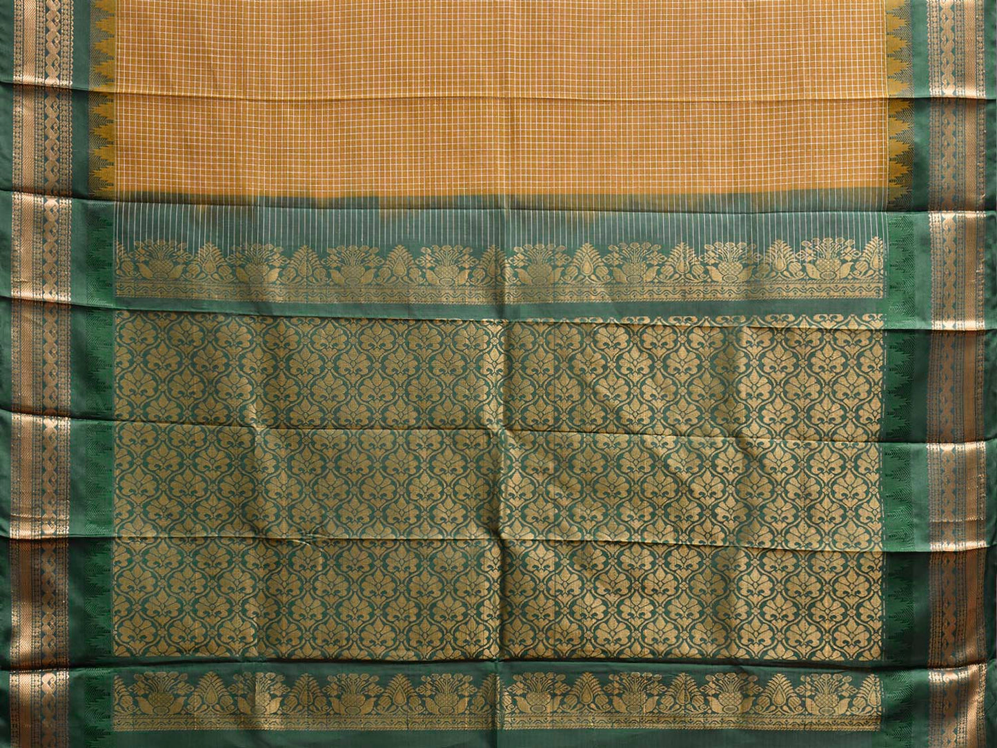 Olive and Green Gadwal Body Cotton Viscose Pallu Saree with Checks and Border-Pallu Design No Blouse g0644
