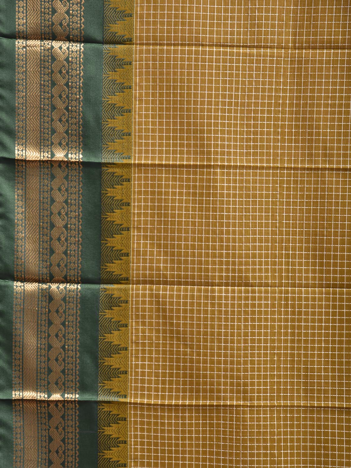 Olive and Green Gadwal Body Cotton Viscose Pallu Saree with Checks and Border-Pallu Design No Blouse g0644
