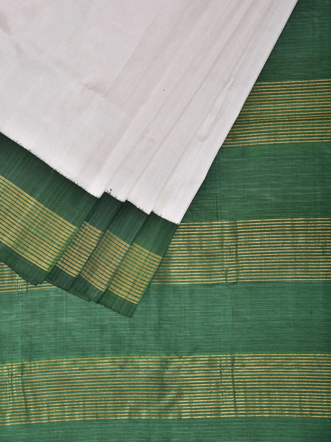 White and Green Gadwal Silk Handloom Plain Saree with Strips Pallu Design g0645