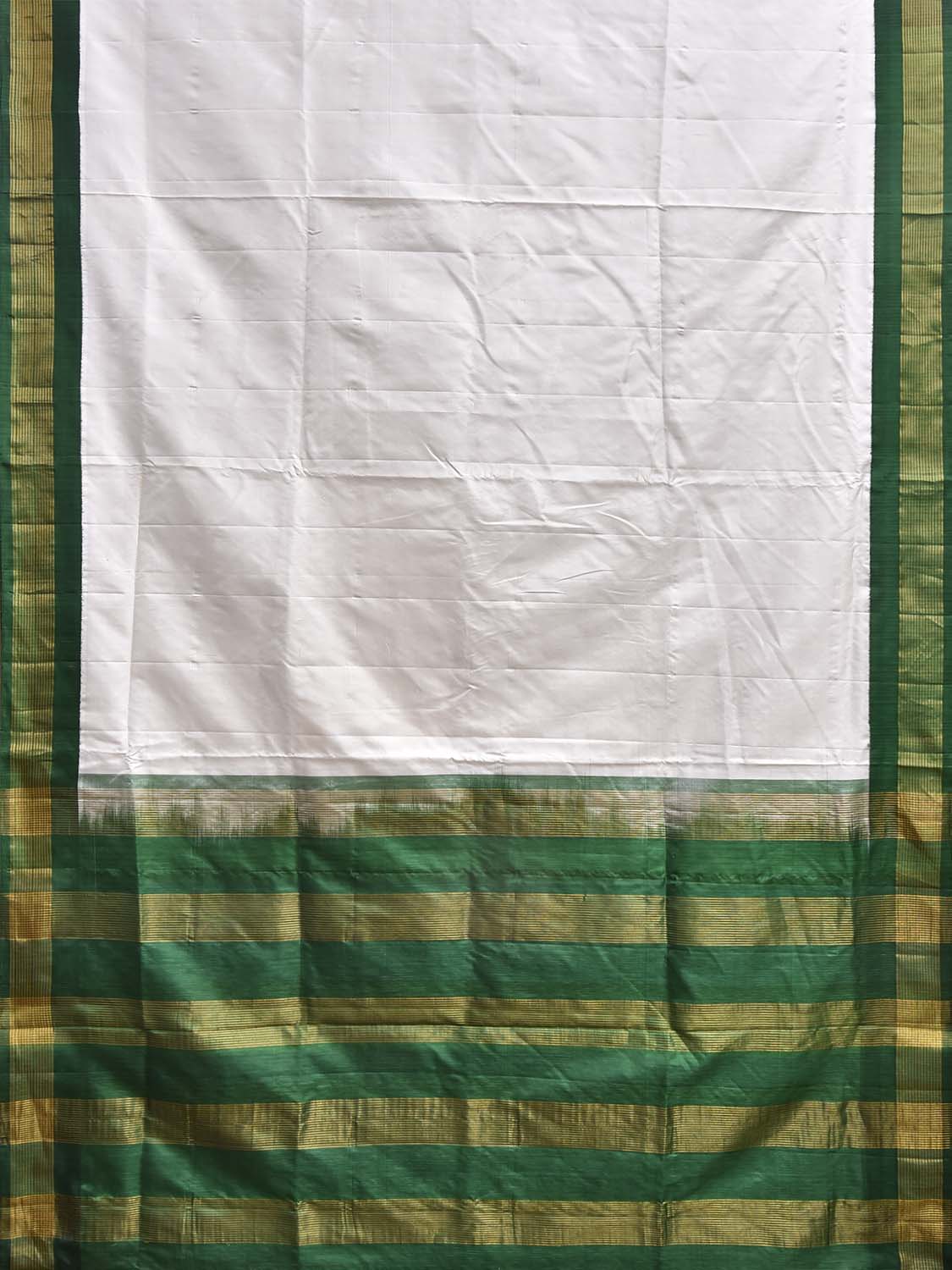 White and Green Gadwal Silk Handloom Plain Saree with Strips Pallu Design g0645