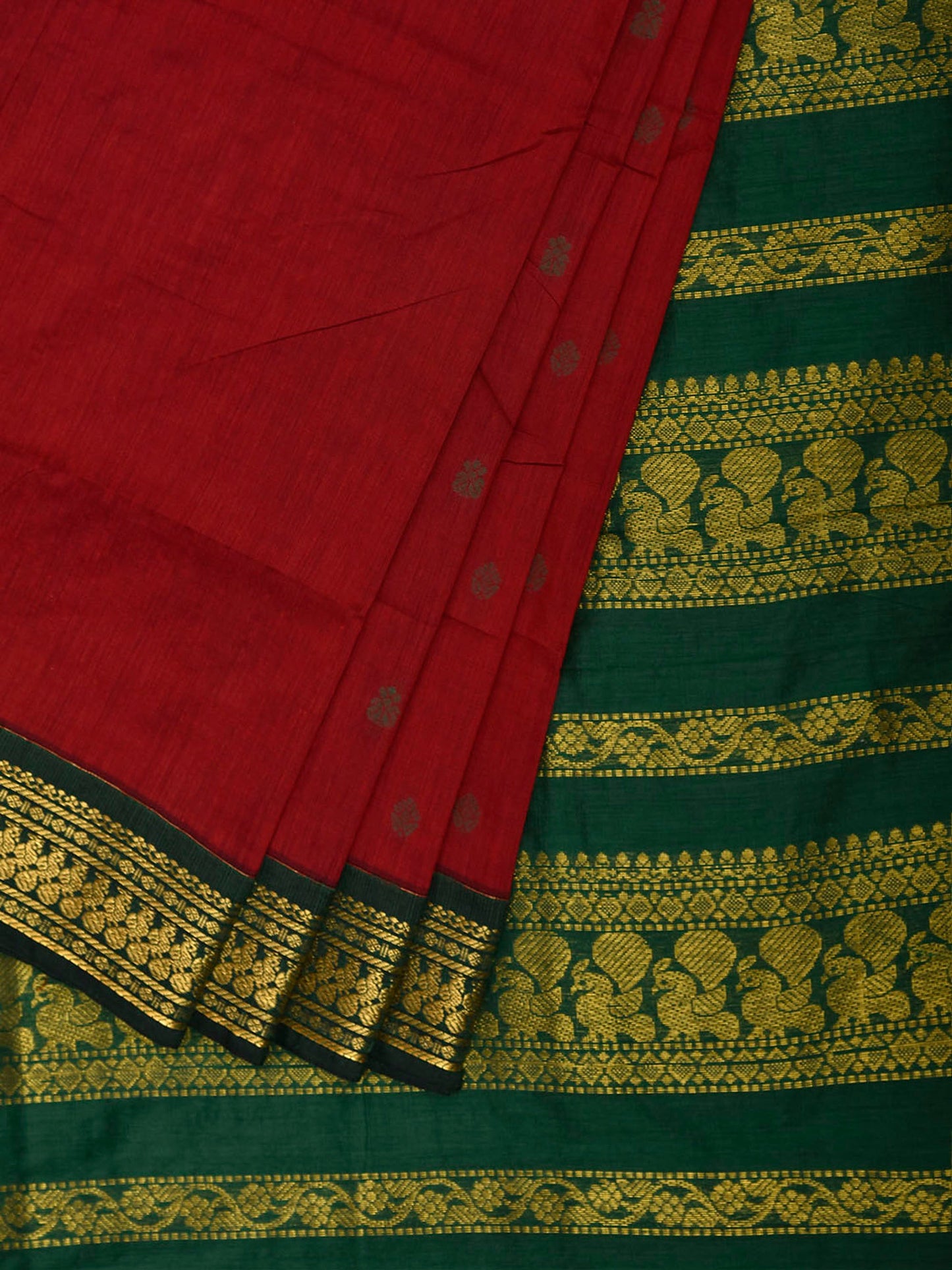 Dark Red and Green Gadwal Cotton Viscose Saree with Pallu Design g0648
