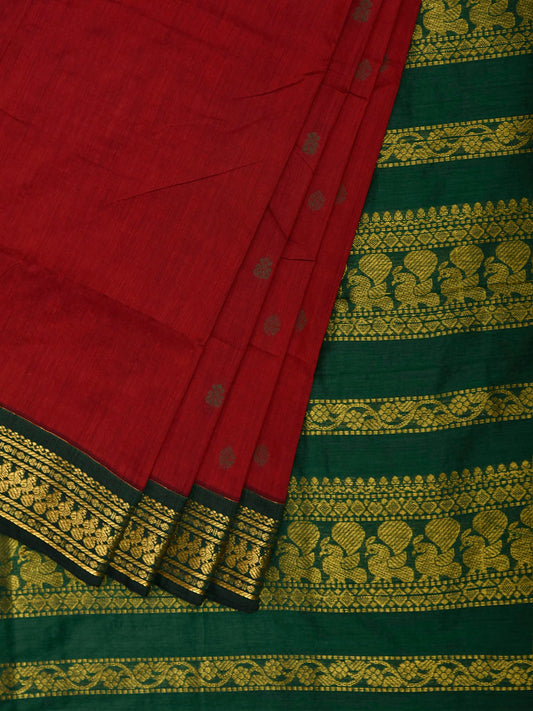 Dark Red and Green Gadwal Cotton Viscose Saree with Pallu Design g0648