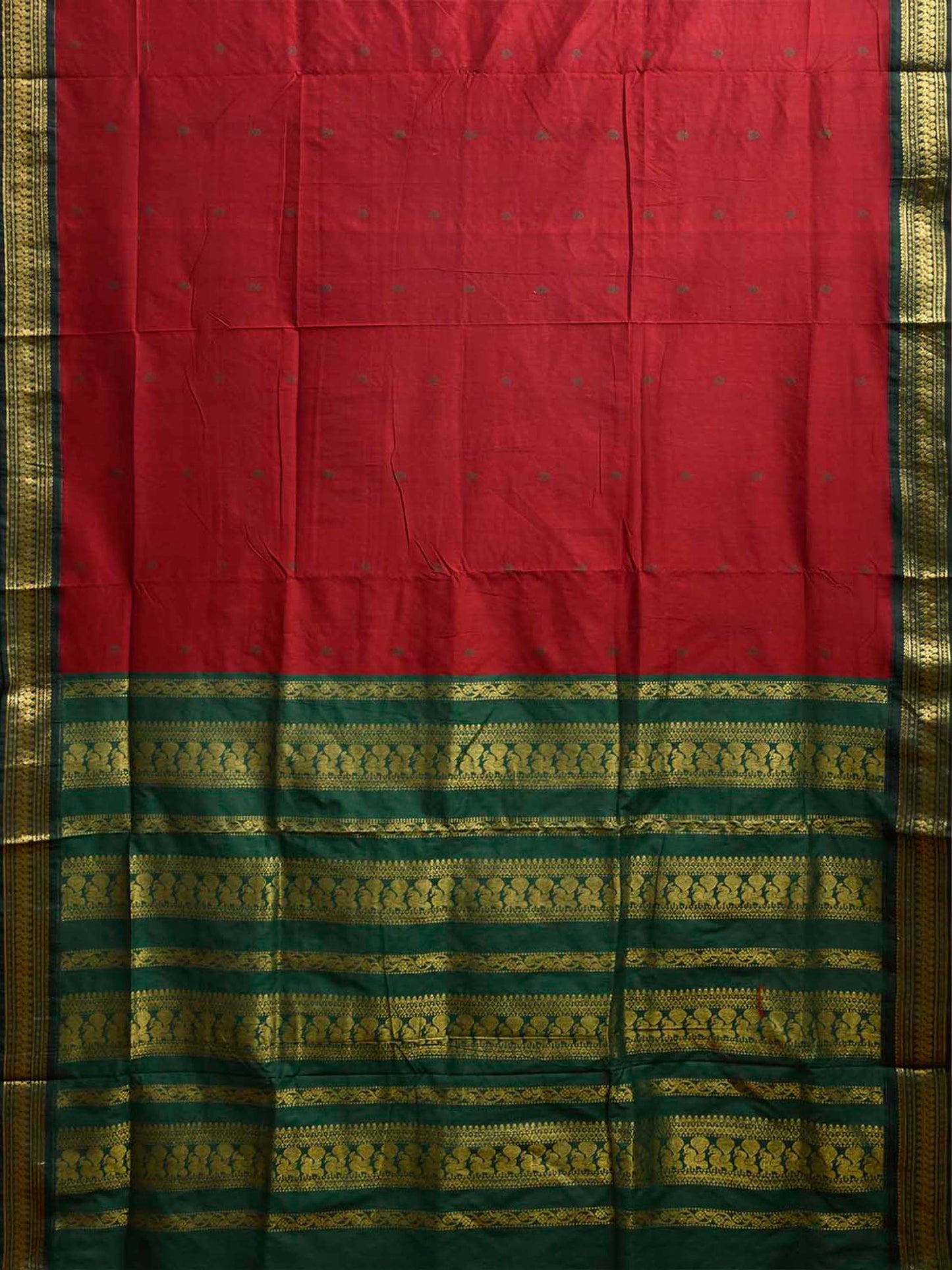 Dark Red and Green Gadwal Cotton Viscose Saree with Pallu Design g0648