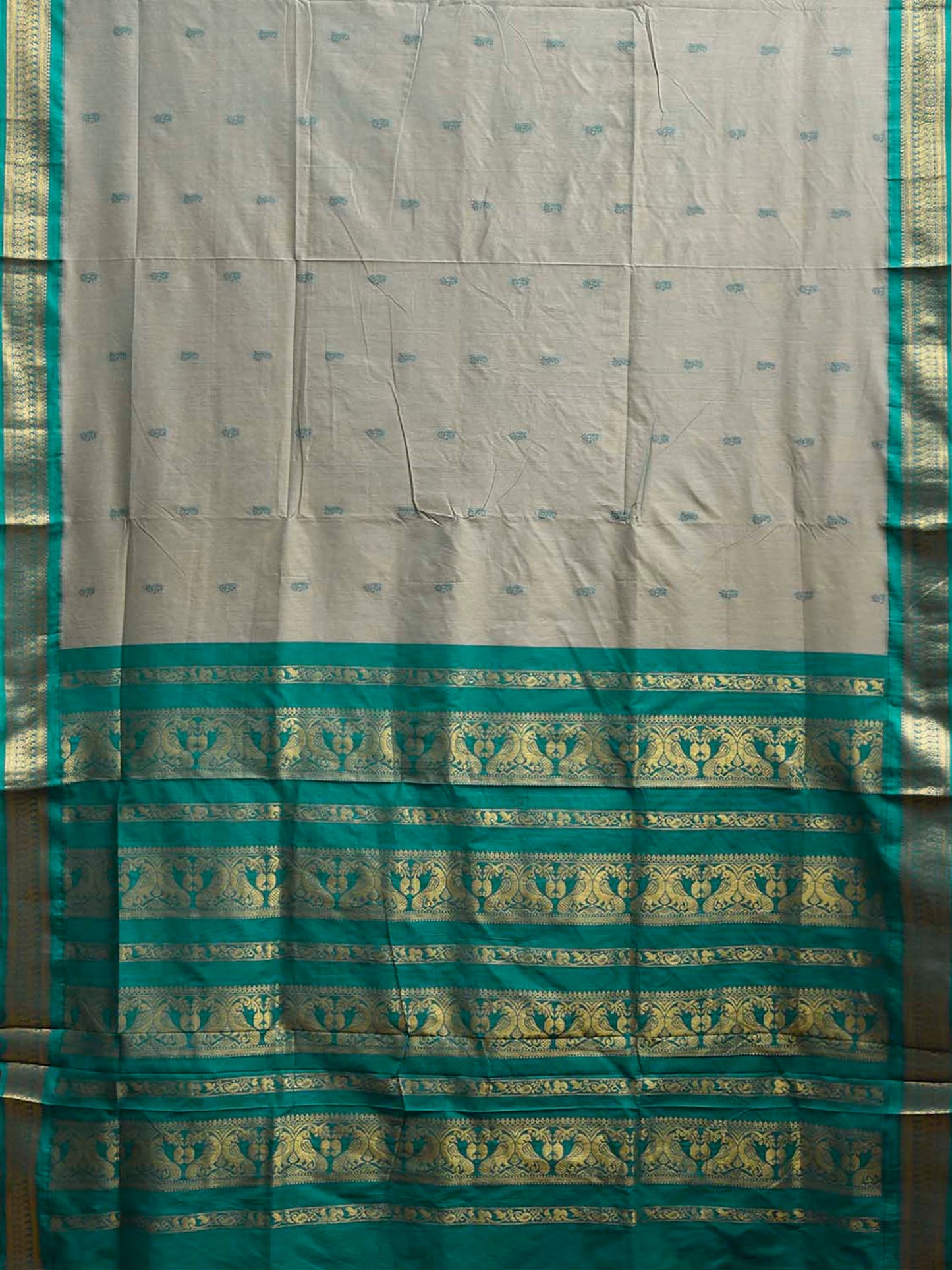 Light Grey and Turquoise Gadwal Cotton Viscose Saree with Pallu Design g0649