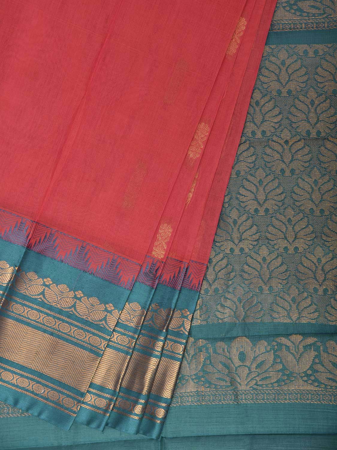 Peach and Turquoise Gadwal Cotton Viscose Saree with Body Buta and Pallu Design No Blouse g0656