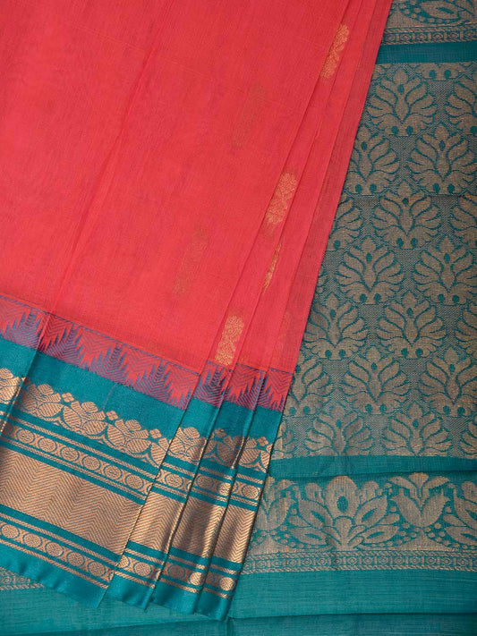Peach and Turquoise Gadwal Cotton Viscose Saree with Body Buta and Pallu Design No Blouse g0656