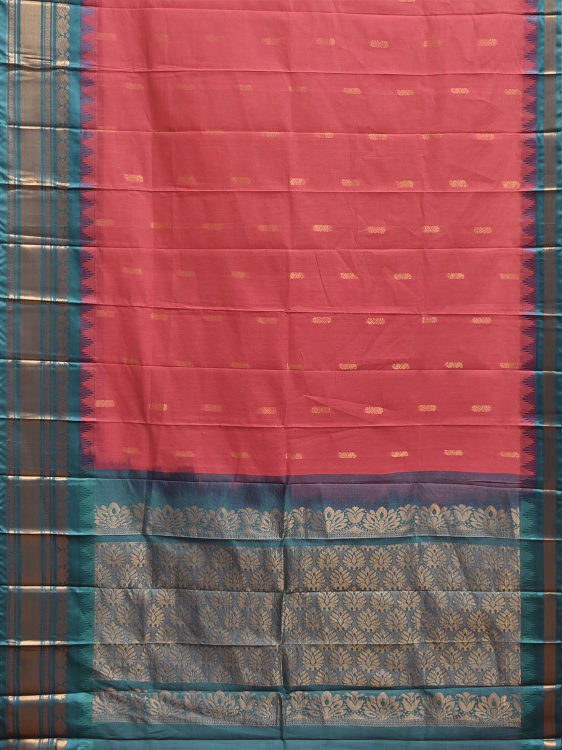 Peach and Turquoise Gadwal Cotton Viscose Saree with Body Buta and Pallu Design No Blouse g0656
