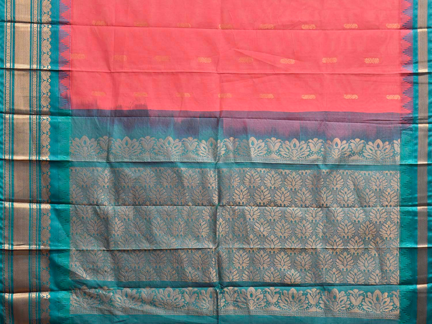 Peach and Turquoise Gadwal Cotton Viscose Saree with Body Buta and Pallu Design No Blouse g0656