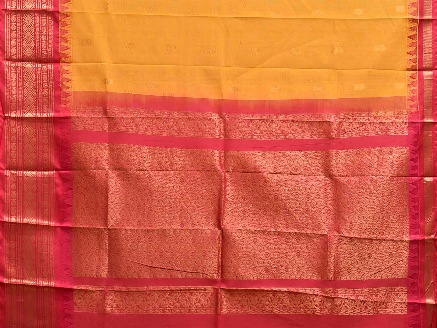 Yellow and Pink Gadwal Cotton Viscose Saree with Body Buta and Pallu Design No Blouse g0657