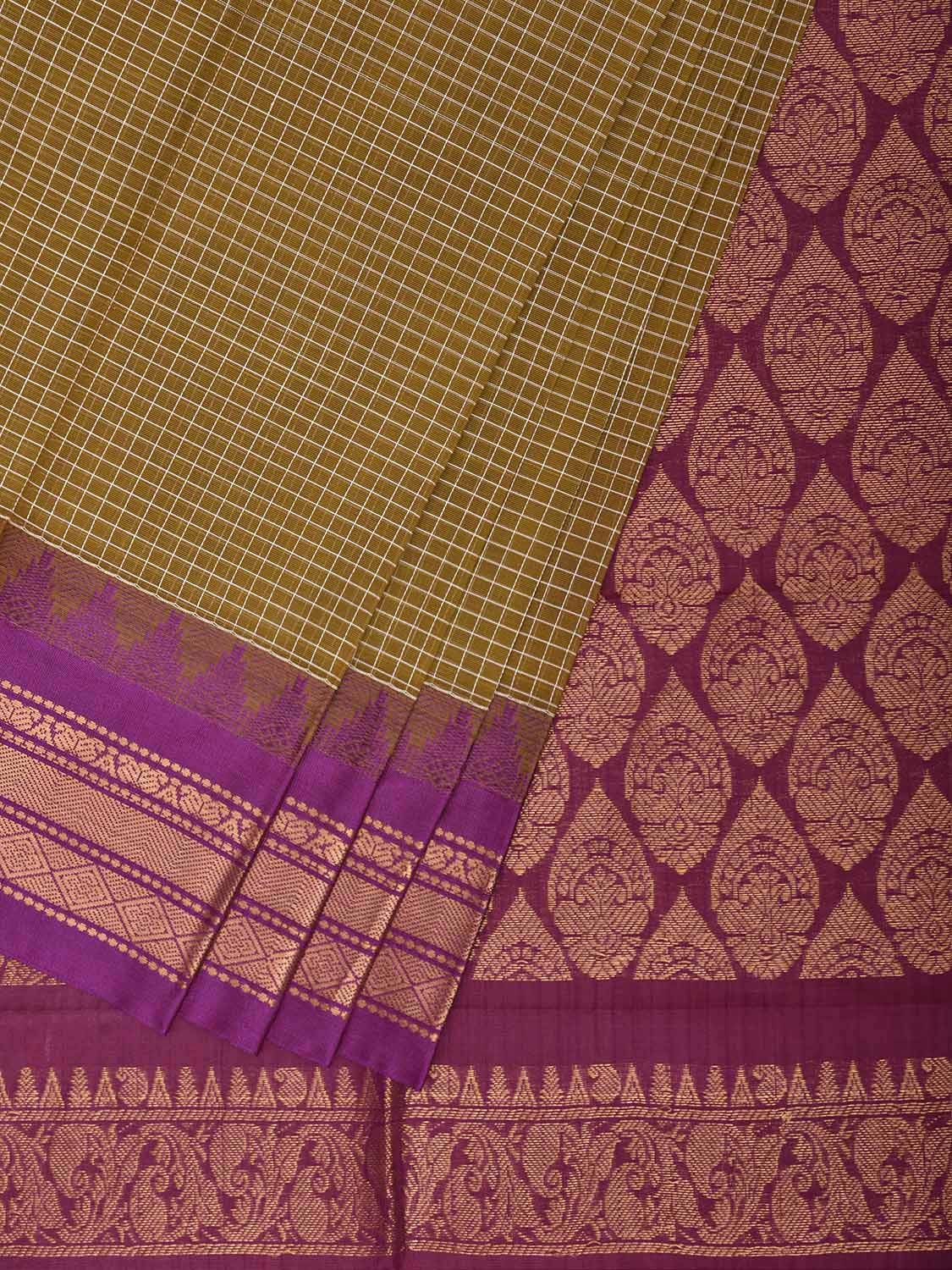 Olive and Purple Gadwal Cotton Viscose Saree with Checks and Pallu Design No Blouse g0659