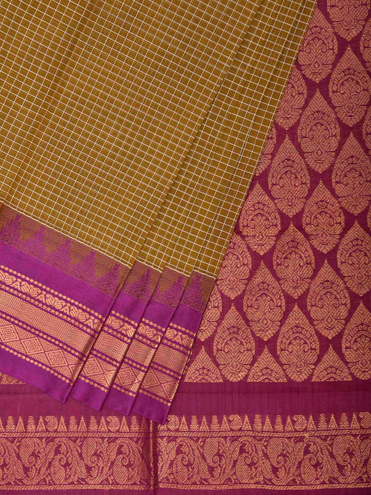 Olive and Purple Gadwal Cotton Viscose Saree with Checks and Pallu Design No Blouse g0659