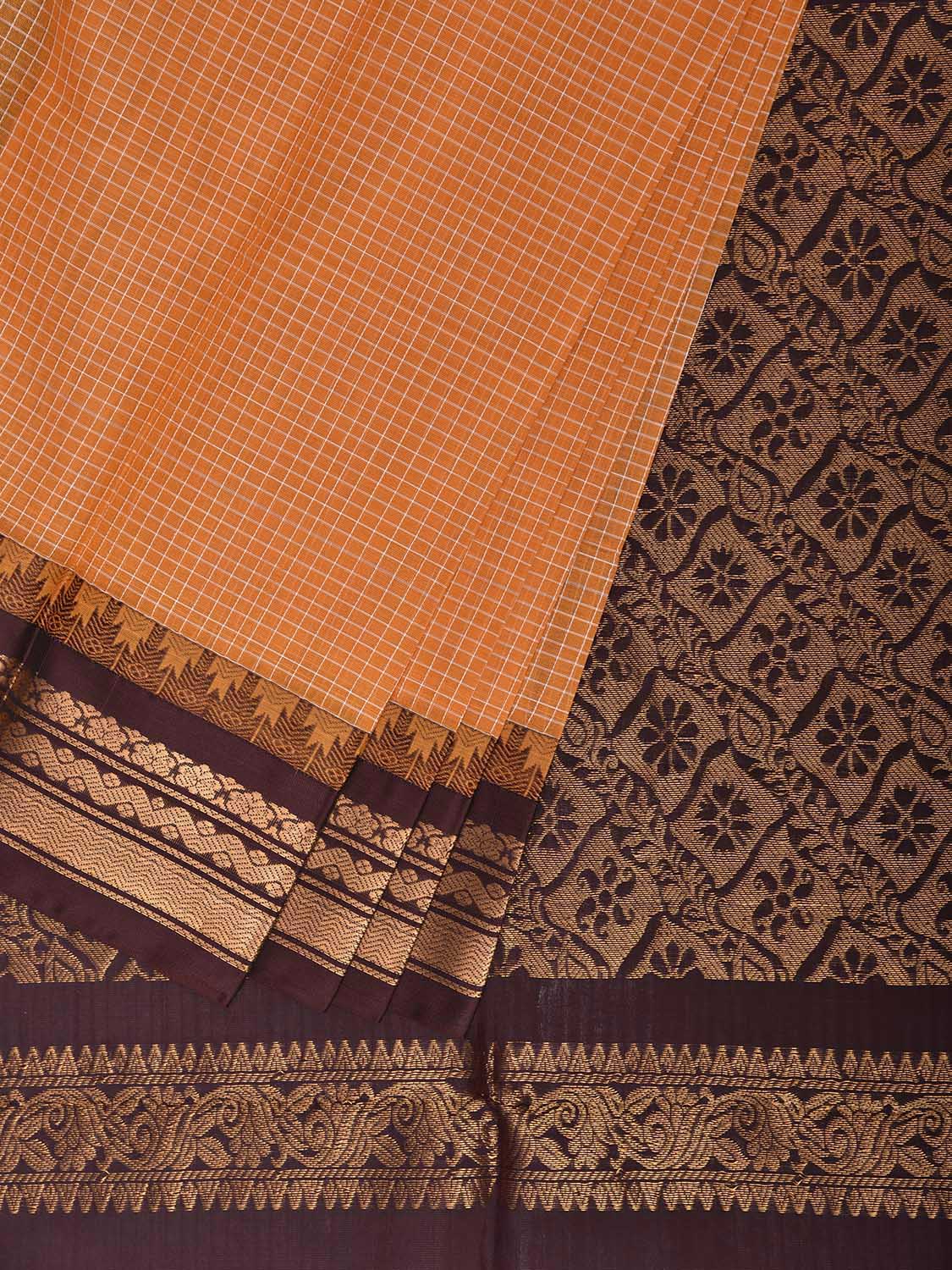 Orange and Brown Gadwal Cotton Viscose Saree with Checks and Pallu Design No Blouse g0660