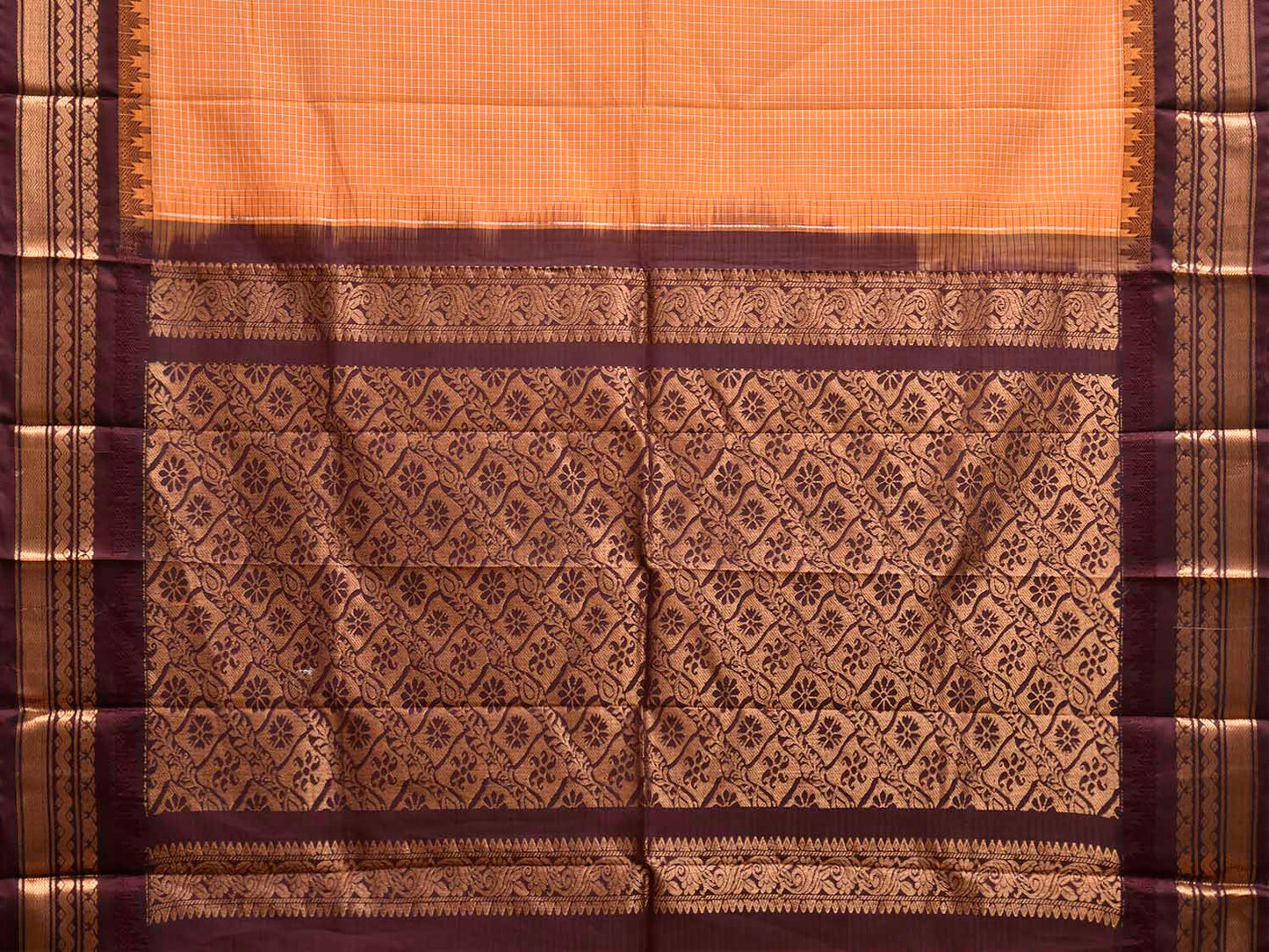 Orange and Brown Gadwal Cotton Viscose Saree with Checks and Pallu Design No Blouse g0660