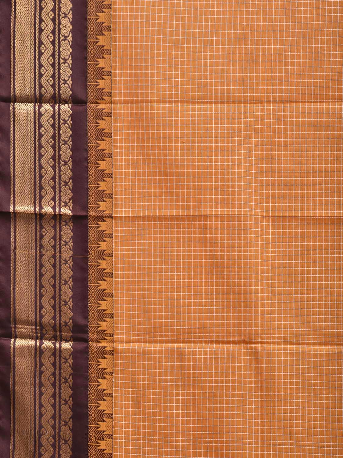 Orange and Brown Gadwal Cotton Viscose Saree with Checks and Pallu Design No Blouse g0660