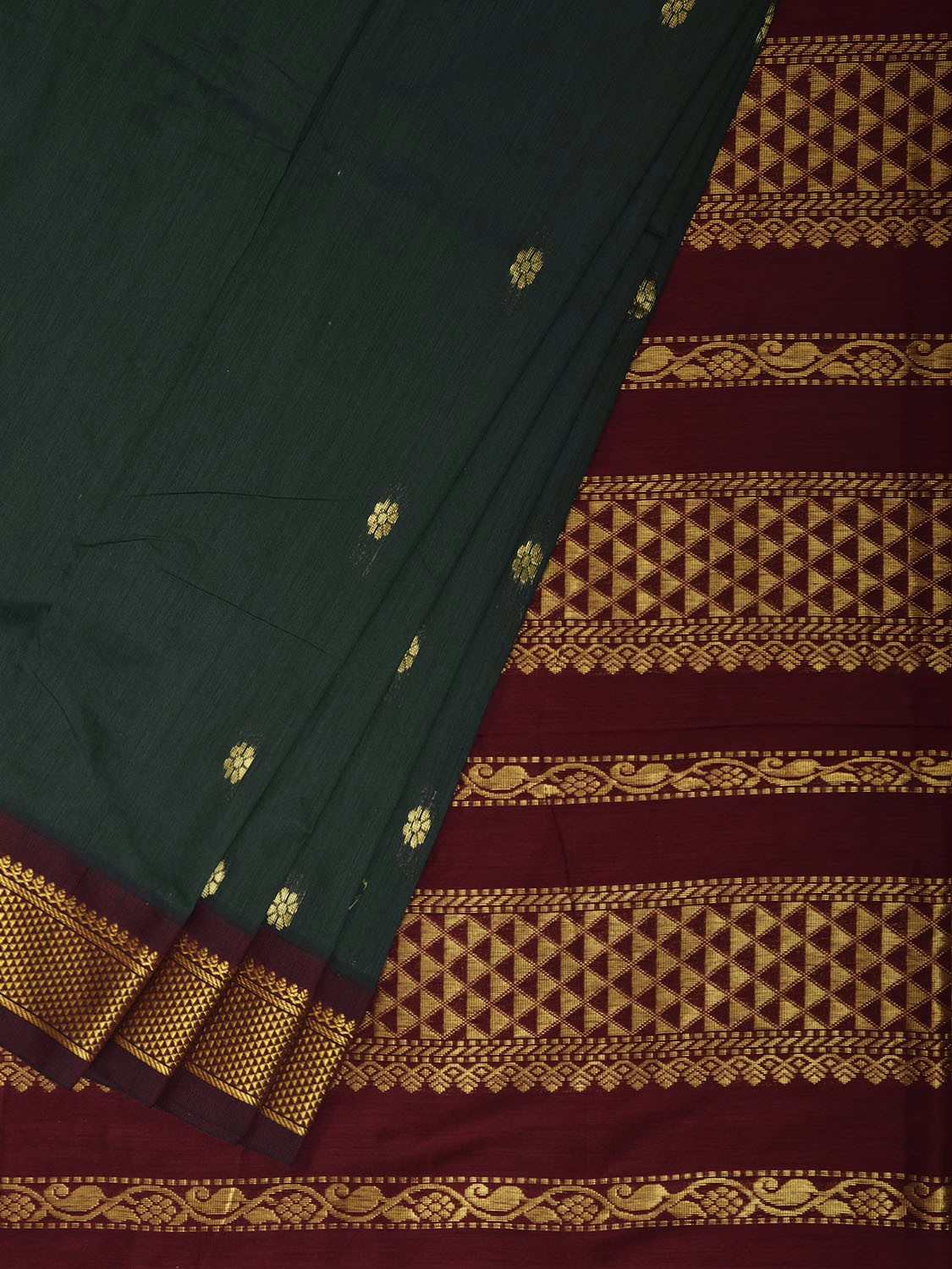 Dark Green and Maroon Gadwal Cotton Viscose Saree with Body Buta and Pallu Design g0661