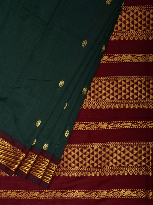 Dark Green and Maroon Gadwal Cotton Viscose Saree with Body Buta and Pallu Design g0661