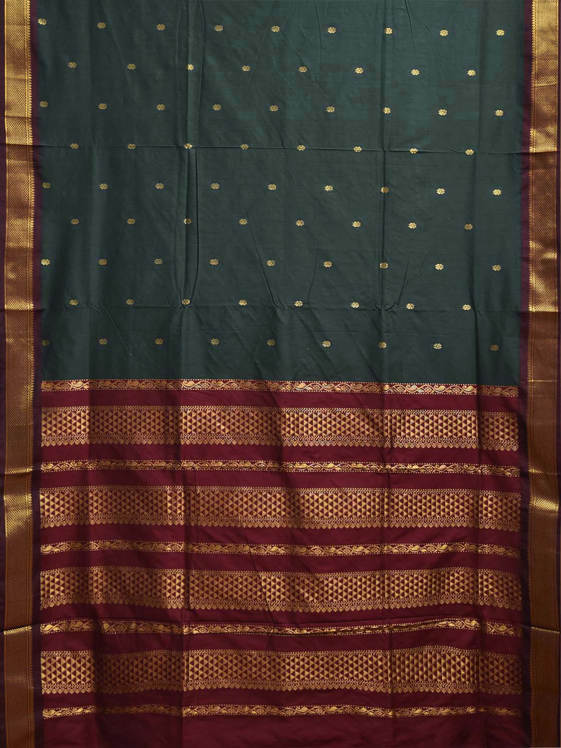 Dark Green and Maroon Gadwal Cotton Viscose Saree with Body Buta and Pallu Design g0661