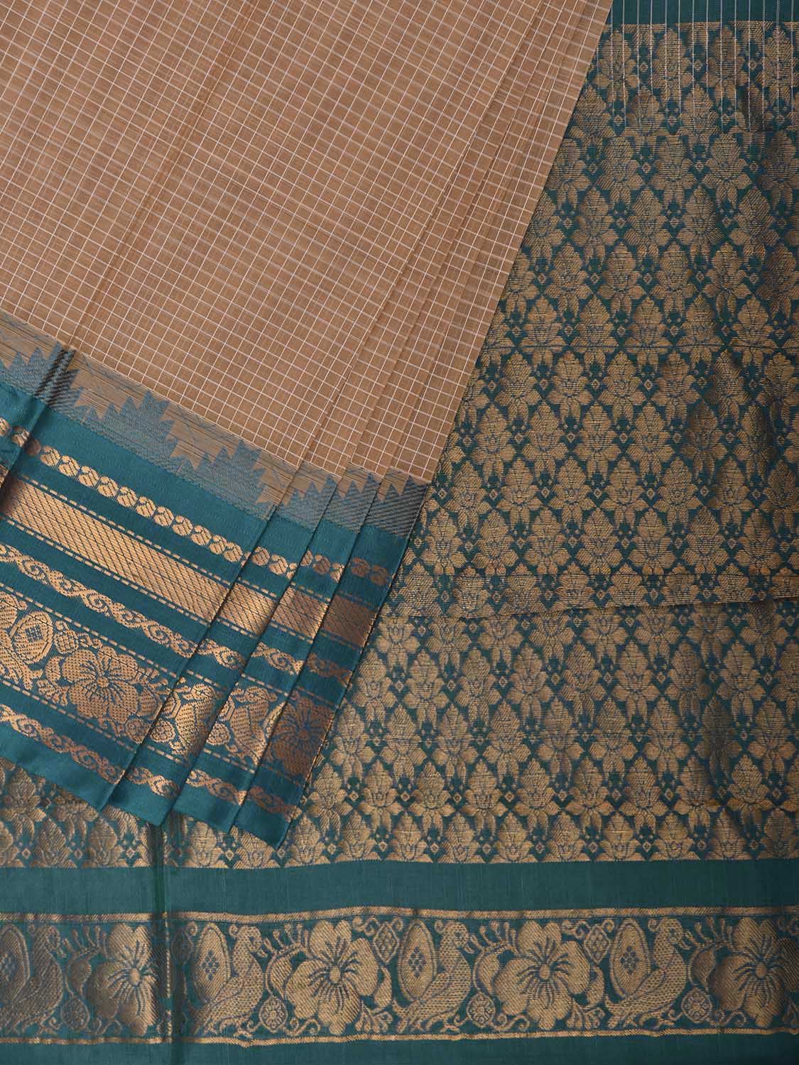 Cream and Teal Gadwal Cotton Viscose Saree with Checks and Pallu Border Design No Blouse g0662