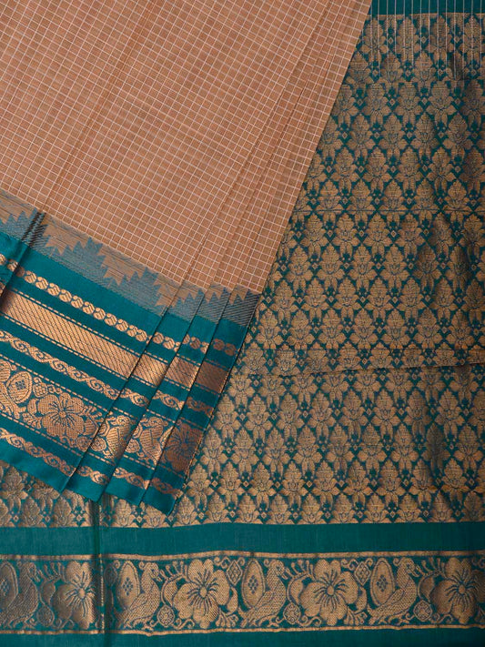 Cream and Teal Gadwal Cotton Viscose Saree with Checks and Pallu Border Design No Blouse g0662