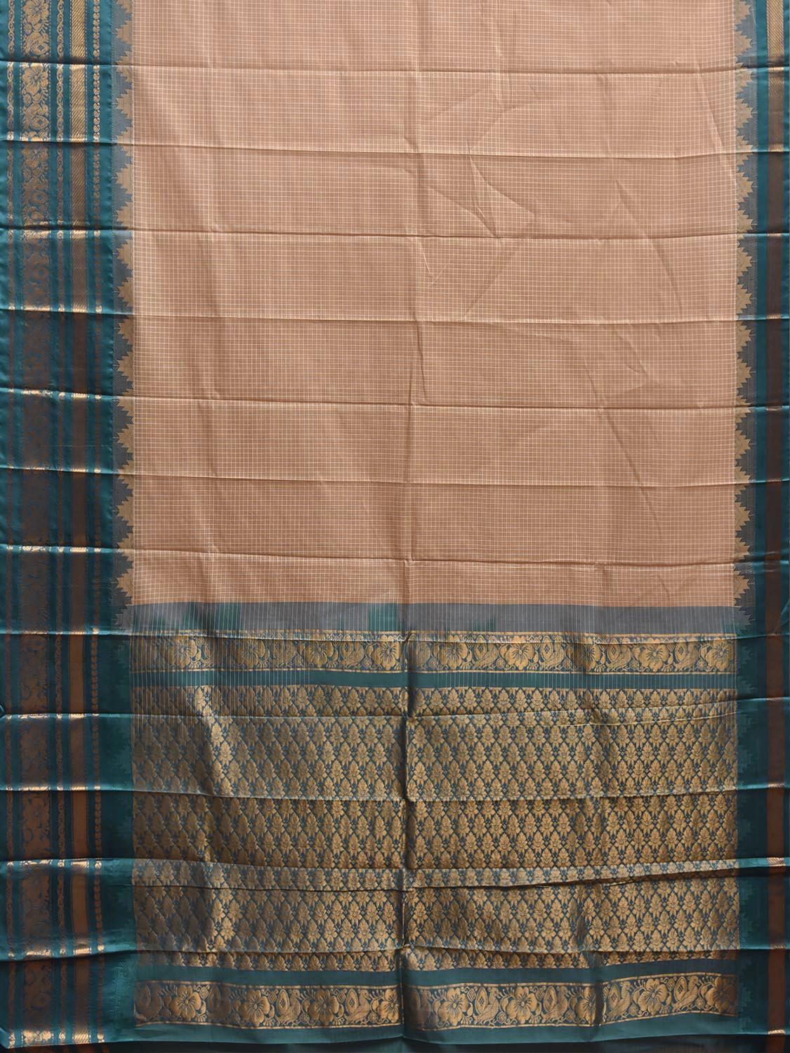 Cream and Teal Gadwal Cotton Viscose Saree with Checks and Pallu Border Design No Blouse g0662