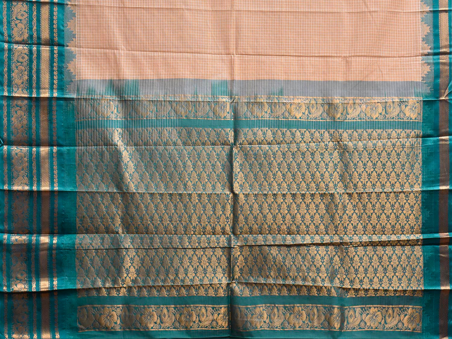 Cream and Teal Gadwal Cotton Viscose Saree with Checks and Pallu Border Design No Blouse g0662